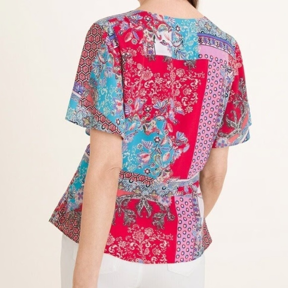Chicos Patchwork Print Peplum Flutter Sleeve Top Blouse Size 0 US (4/6 Small) - Picture 2 of 7